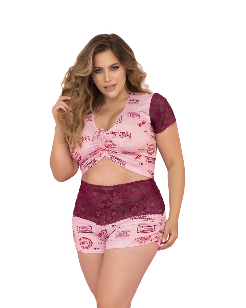 Front of a model wearing a size 1X/2X XOXO Two Piece Sleep Set in Rose Print/Burgundy by Mapalé. | dia_product_style_image_id:271795